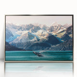 Mid-century modernist art depicting an Alaskan landscape in muted earth tones on a framed acrylic panel.