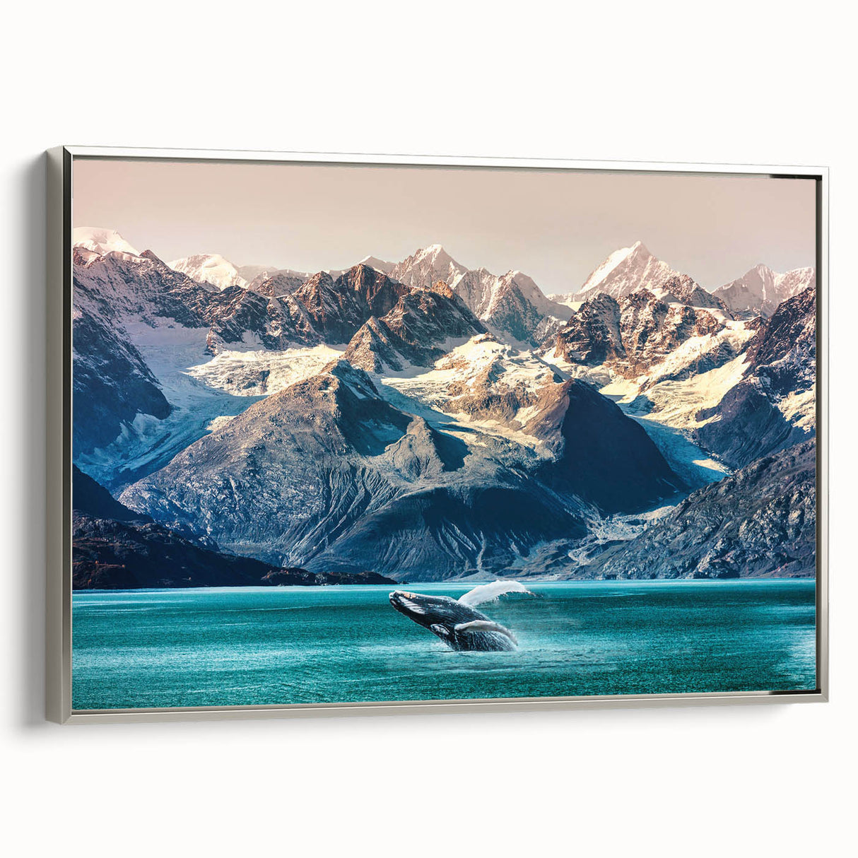 Landscape painting of an Alaskan scene on a framed canvas, featuring muted earth tones with silver accents.