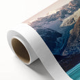 Art deco poster of Alaska scenery in muted blue and gray tones on rolled canvas, ideal for nursery wall art.