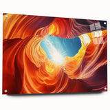 Acrylic print of Antelope Canyon in Arizona with vibrant red and orange hues, ideal for dining room decor.