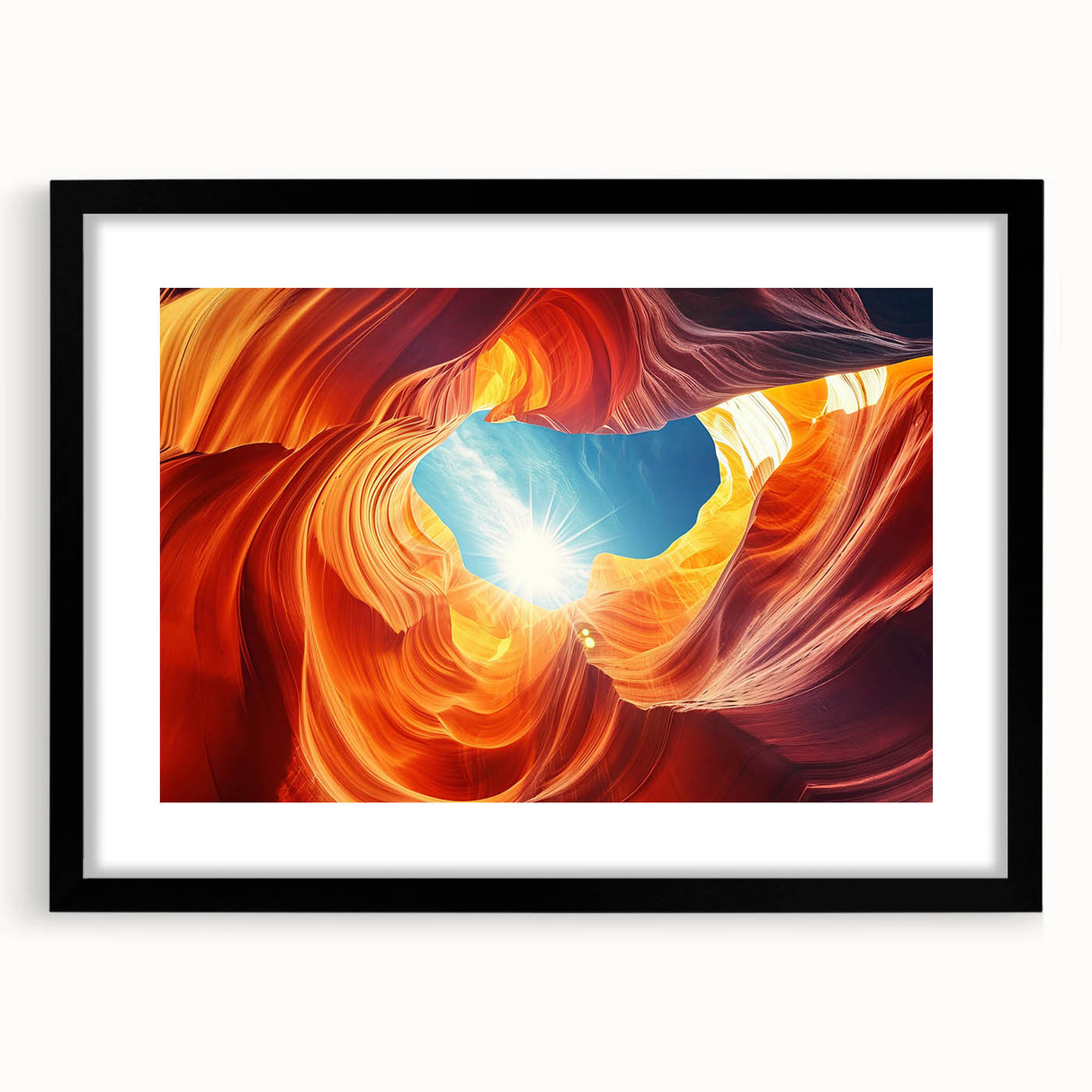 Abstract art print of Antelope Canyon in Arizona, featuring vibrant red and orange hues on a large textured canvas.