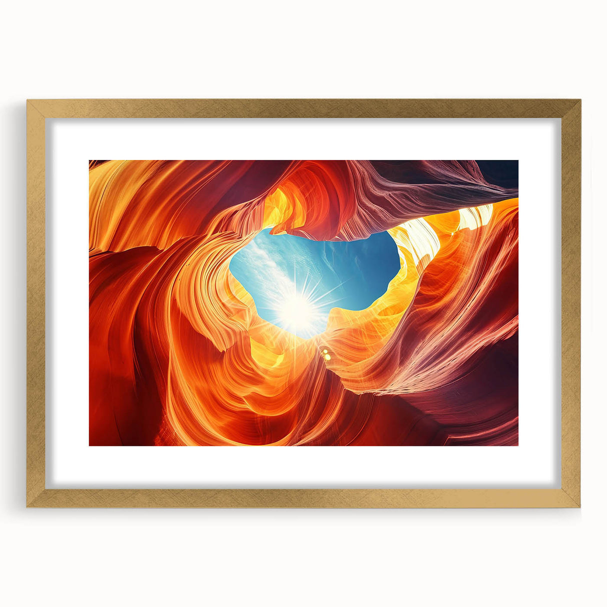 Extra large textured abstract art print of Arizona's Antelope Canyon in gold frame, ideal for living room decor.
