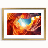 Extra large textured abstract art print of Arizona's Antelope Canyon in gold frame, ideal for living room decor.