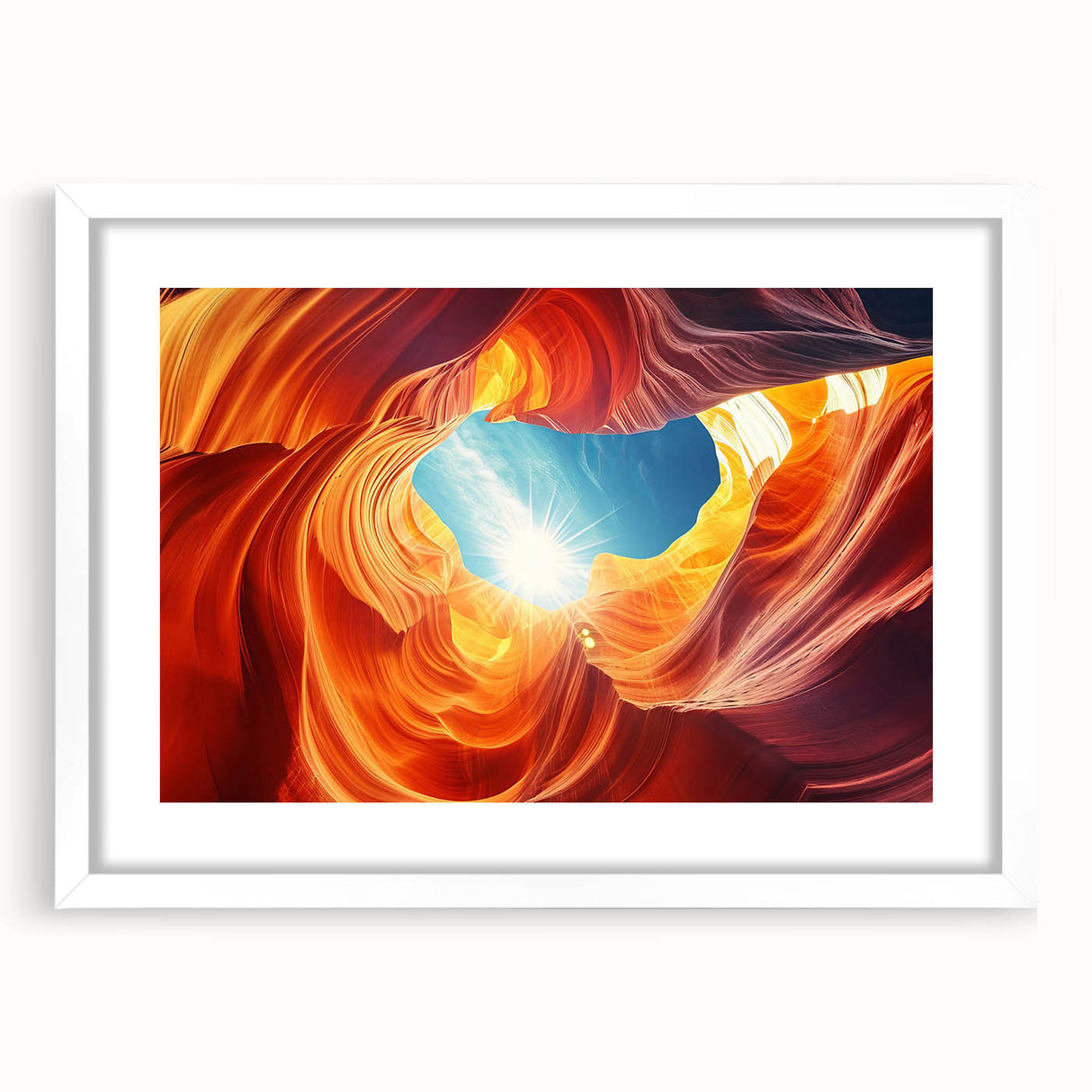 Abstract art print of Antelope Canyon in Arizona, featuring swirling red and orange tones on a white-framed canvas.