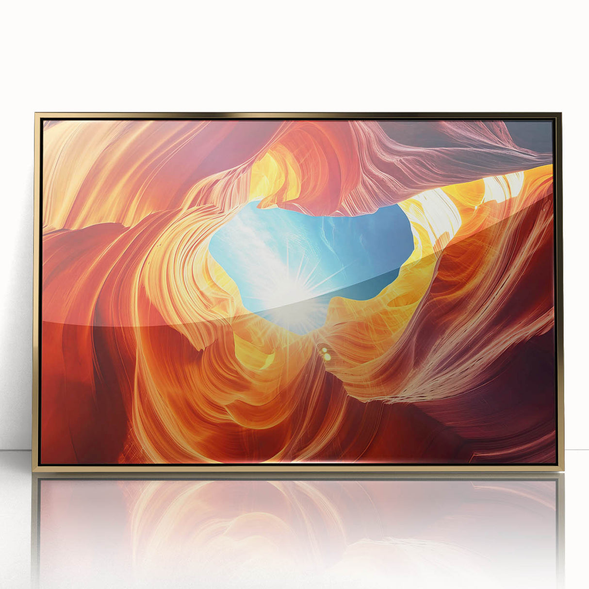 Mid-century modernist acrylic print of Antelope Canyon in Arizona, featuring earthy red and orange tones.
