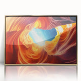 Mid-century modernist acrylic print of Antelope Canyon in Arizona, featuring earthy red and orange tones.
