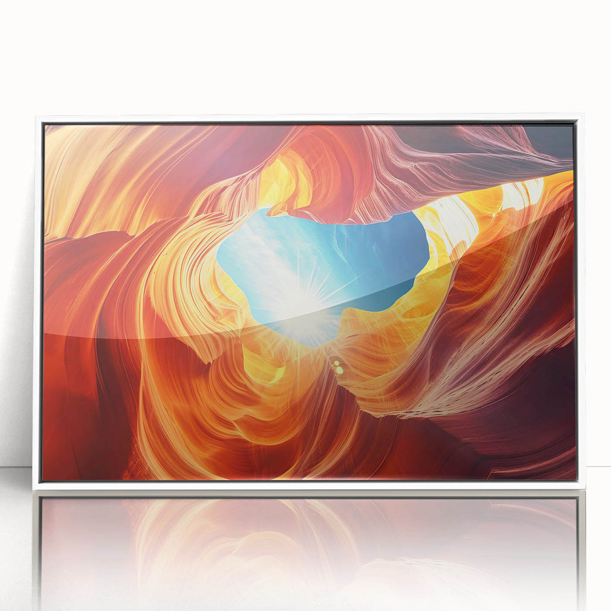 Acrylic print of Antelope Canyon in Arizona, with swirling sandstone walls in orange and red tones, framed in white.