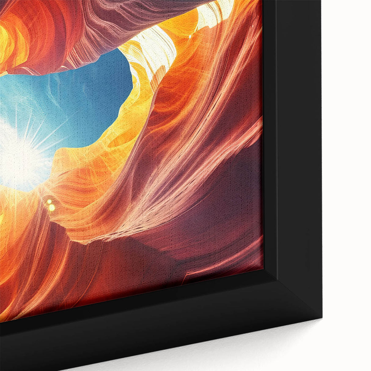 Close-up of textured black wall art depicting Antelope Canyon in Arizona on a framed canvas, with a colorful palette.