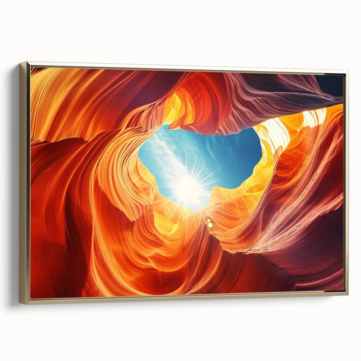 Framed canvas featuring a landscape painting of Antelope Canyon in Arizona with rich gold and black tones.
