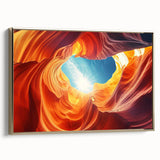 Framed canvas featuring a landscape painting of Antelope Canyon in Arizona with rich gold and black tones.