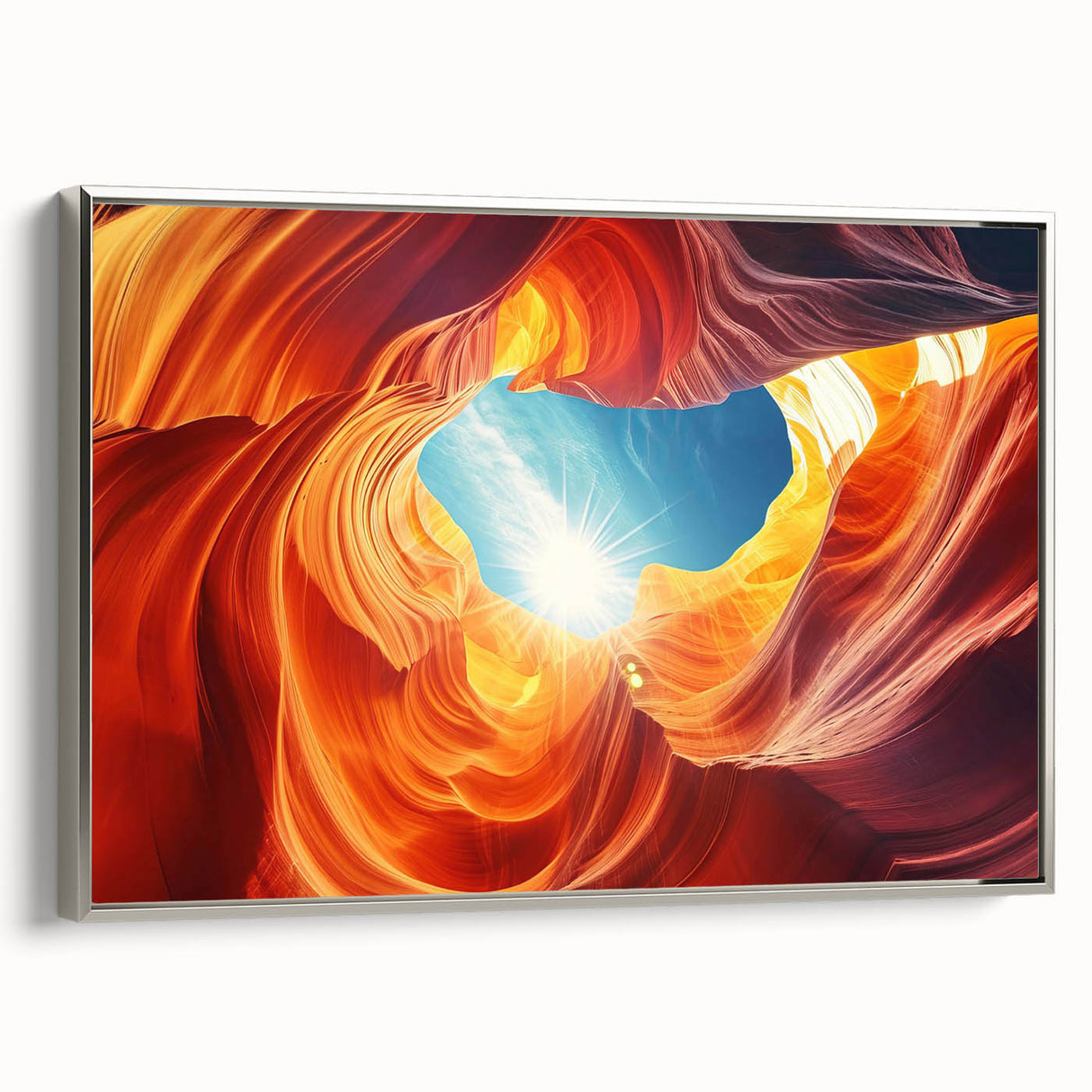 Framed canvas of Antelope Canyon in Arizona, featuring vibrant red and orange rock formations.