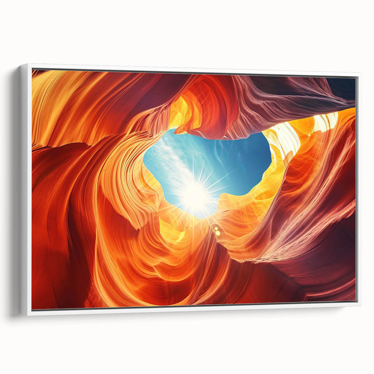 Vintage poster art of Arizona Antelope Canyon in vibrant orange and red hues on a framed canvas, ideal for living room decor.