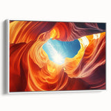 Vintage poster art of Arizona Antelope Canyon in vibrant orange and red hues on a framed canvas, ideal for living room decor.