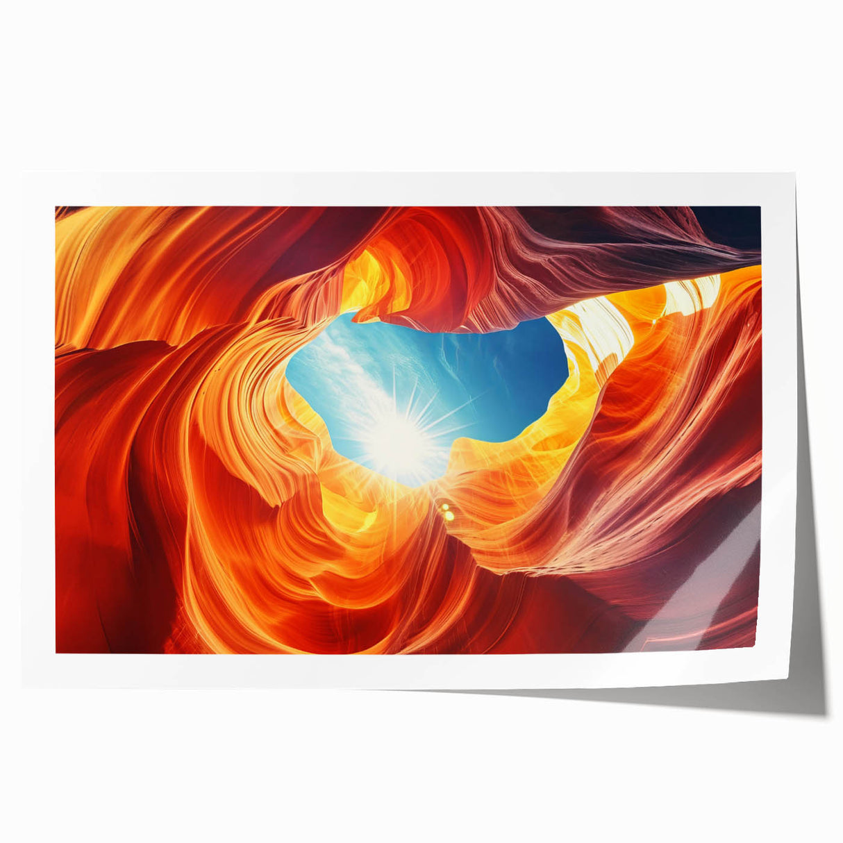 Antelope Canyon in Arizona depicted in vibrant orange and red shades on a large rolled canvas.