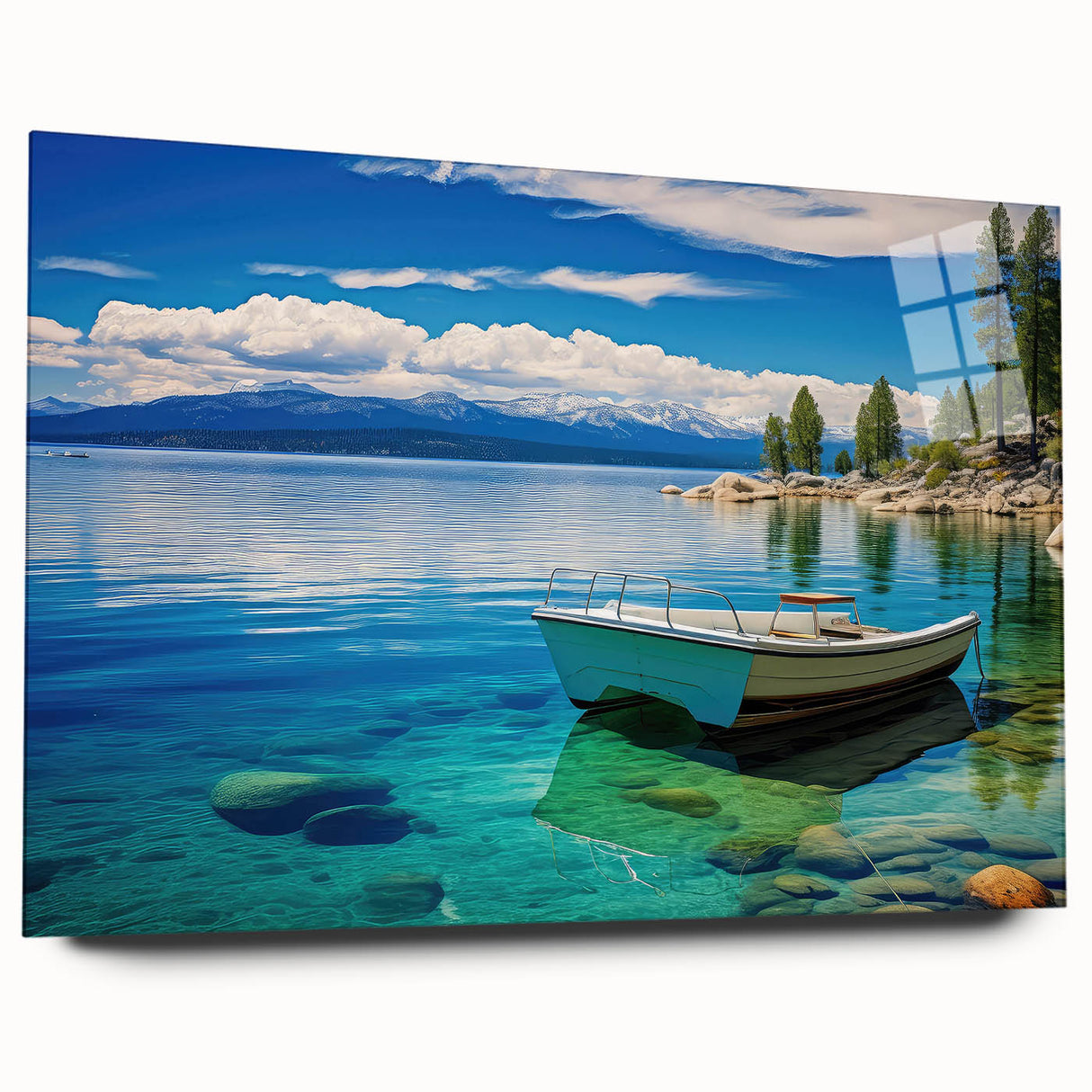 Large abstract wall art of Lake Tahoe in muted blue and green shades on acrylic glass.