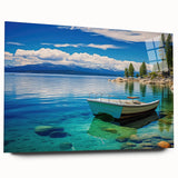 Large abstract wall art of Lake Tahoe in muted blue and green shades on acrylic glass.