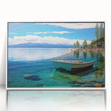 Art deco poster of Lake Tahoe in muted blues and greens on a framed acrylic, suitable for modern nursery decor.