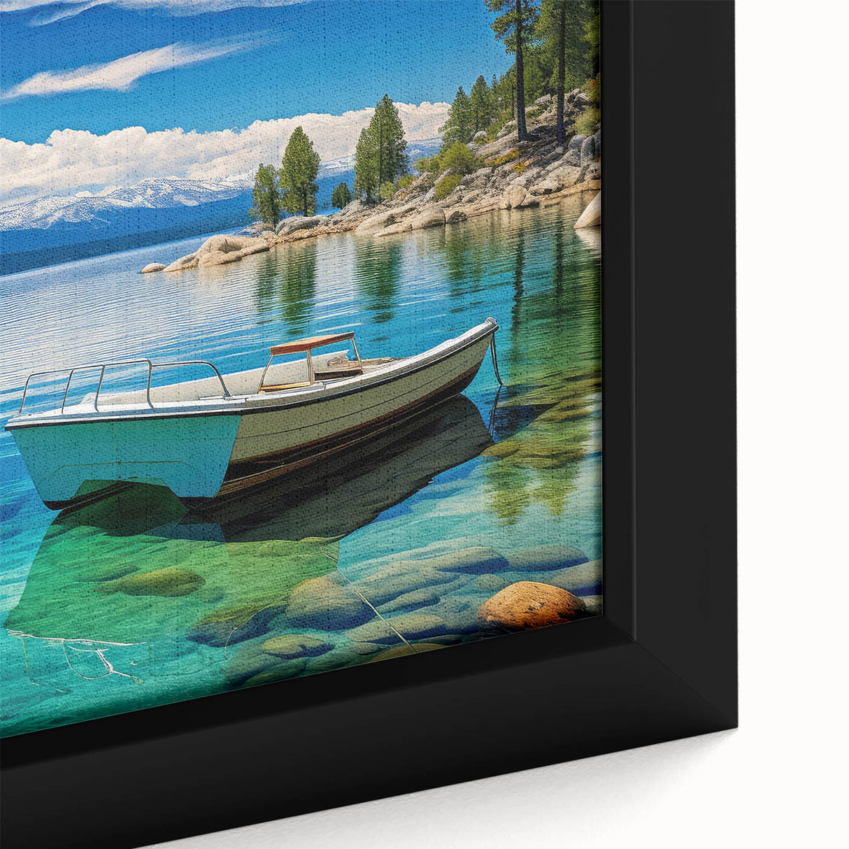 Extra large framed canvas of Lake Tahoe with textured, colorful art on a black background, ideal for living room decor.