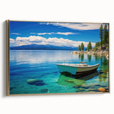 Framed canvas of Lake Tahoe landscape in muted blues and greens, ideal for bedroom wall art.