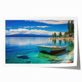 Extra large rolled print of Lake Tahoe with muted blue and green hues, ideal for dining room wall art.