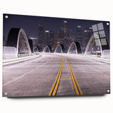 Acrylic print of Los Angeles skyline in muted gray and blue tones, suitable for bedroom or dining room decor.