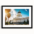 Colorful abstract art print of Sacramento skyline with vivid hues on a large textured canvas, ideal for living room decor.