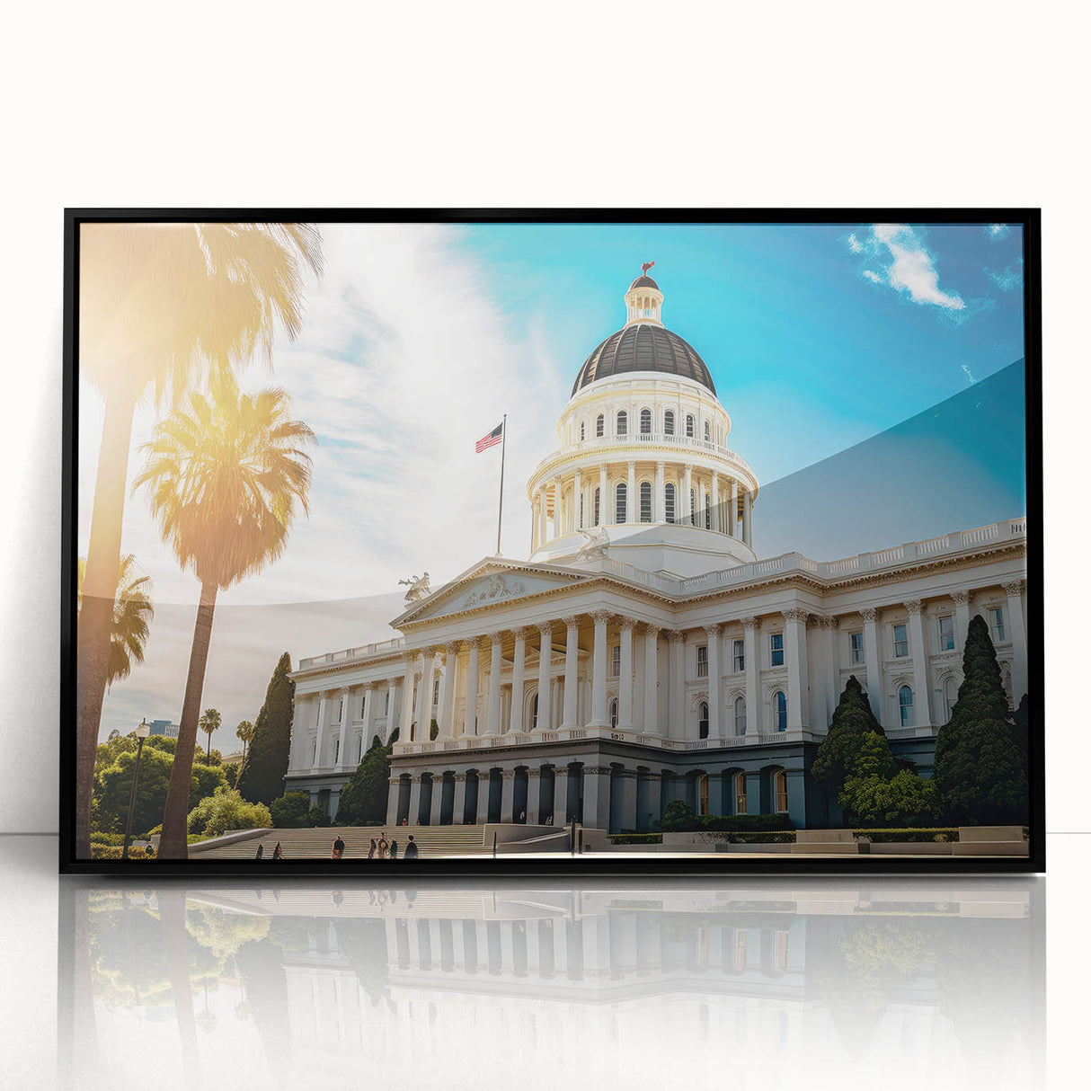 Large abstract wall art depicting the Sacramento skyline in muted gray and blue tones on a framed acrylic print.