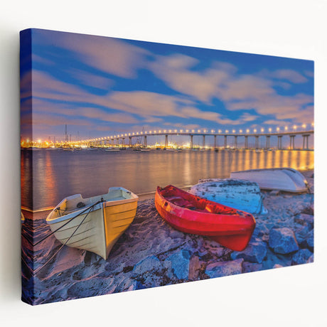 San Diego skyline on large canvas, featuring vibrant blues and oranges, suitable for kitchen wall art.