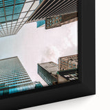 Extra large framed canvas featuring a textured depiction of the San Francisco skyline in black with colorful accents.
