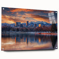 Large abstract depiction of the Denver skyline in vibrant blues and greens on an acrylic glass.