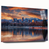 Large abstract depiction of Denver skyline in muted blue and gray tones on acrylic glass.