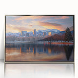 Mid-century modernist art of Denver skyline in muted colors on framed acrylic, suitable for nursery wall art.