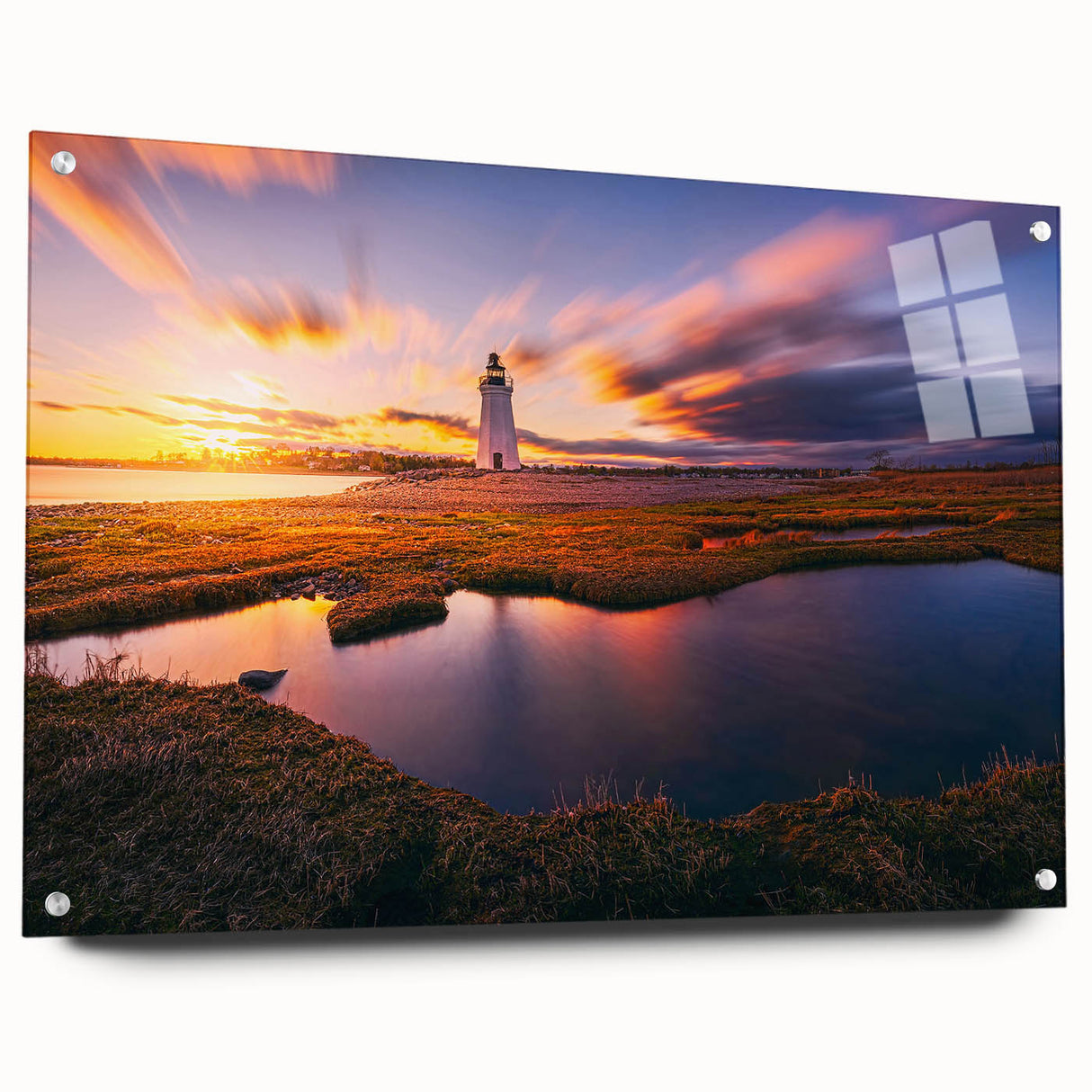 Acrylic print of a large abstract depiction of Connecticut scenery in muted earth tones.