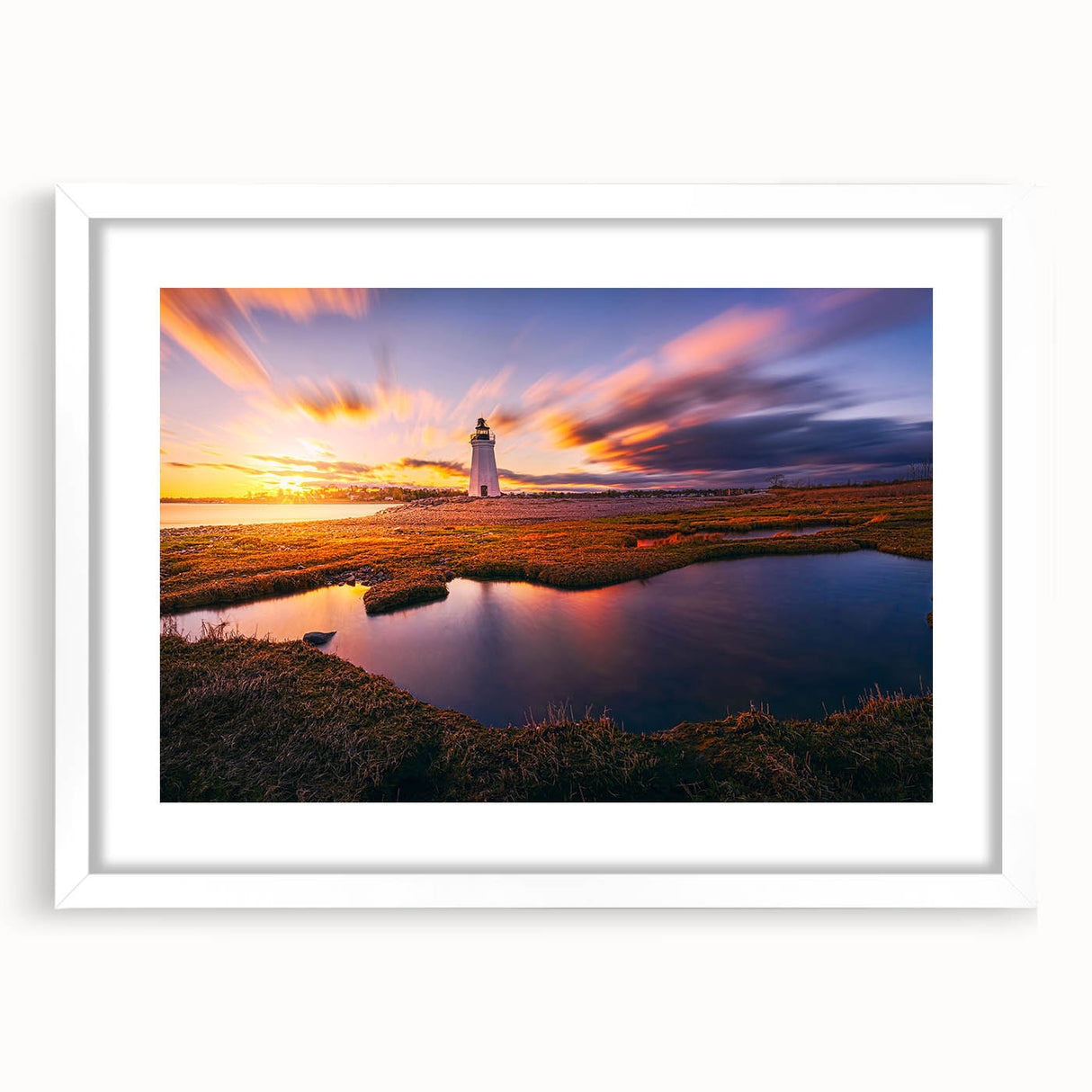 Abstract art print depicting a serene Connecticut landscape in soft blue and green tones, framed with a white mat.