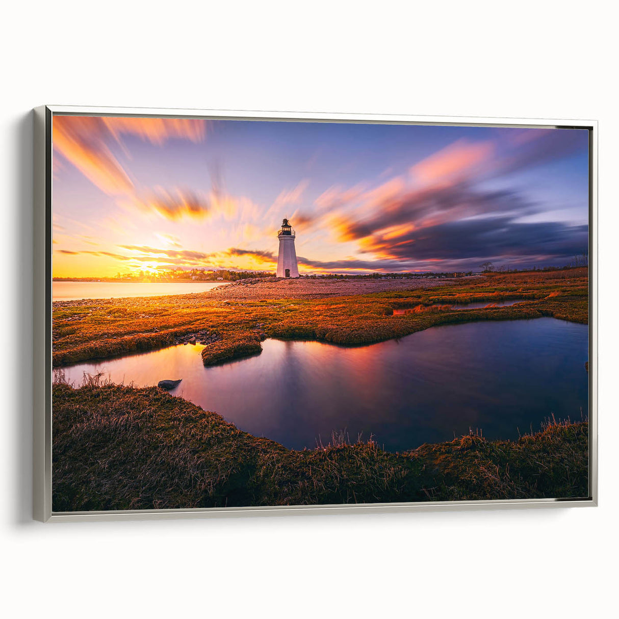 Framed canvas depicting a colorful Connecticut landscape in vintage poster style, ideal for living room decor.