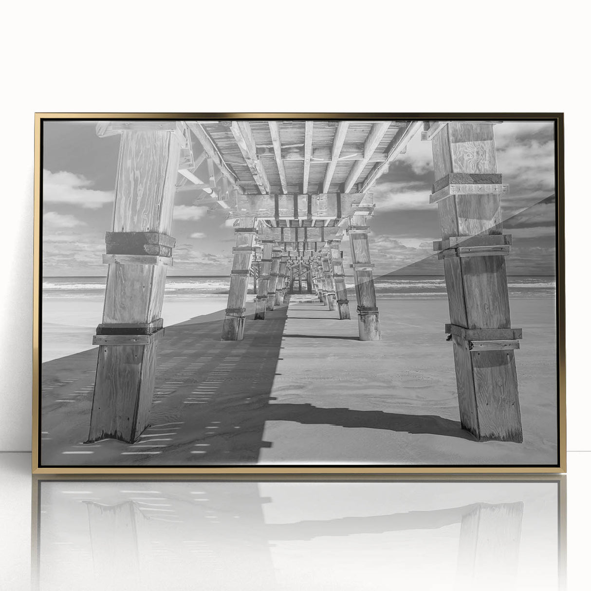 Mid-century modernist style large art print of Daytona scenery in muted gold tones, framed acrylic.