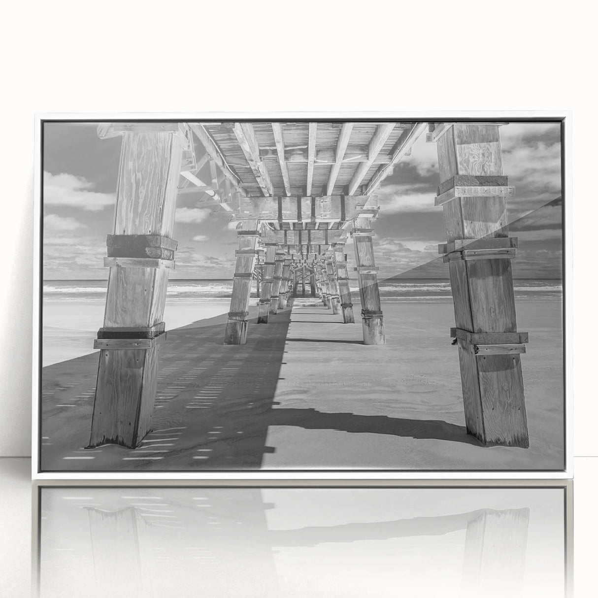 Art deco poster of Daytona scenery in muted blue and white tones, framed acrylic, ideal for nursery wall decor.