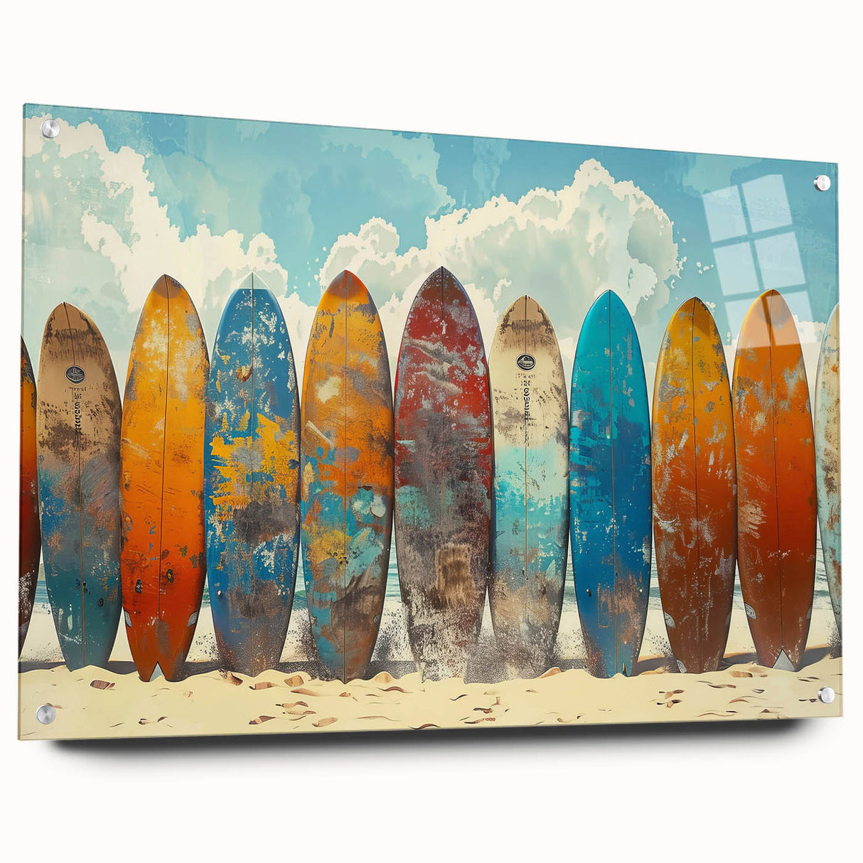 Acrylic print of a large abstract depiction of Kauai, Hawaii, in vibrant blues and greens.