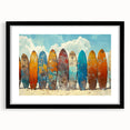Colorful abstract art print of Kauai's lush landscapes, in a black frame with mat, ideal for living room decor.