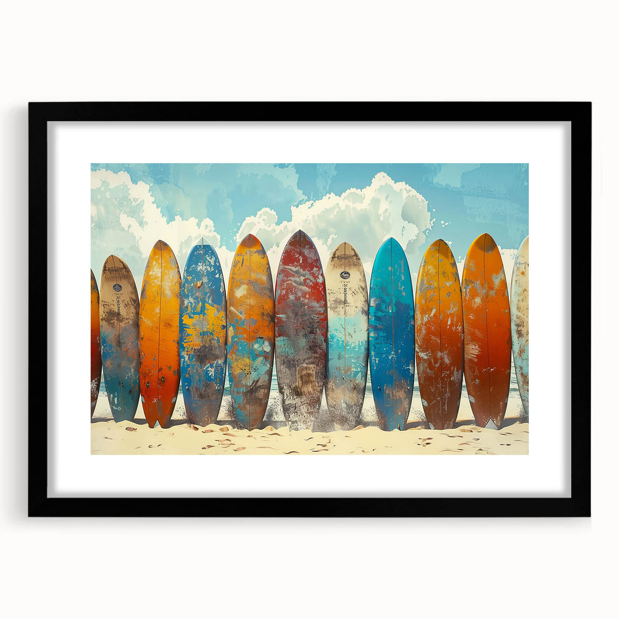 Colorful abstract art print of Kauai's lush landscapes, in a black frame with mat, ideal for living room decor.