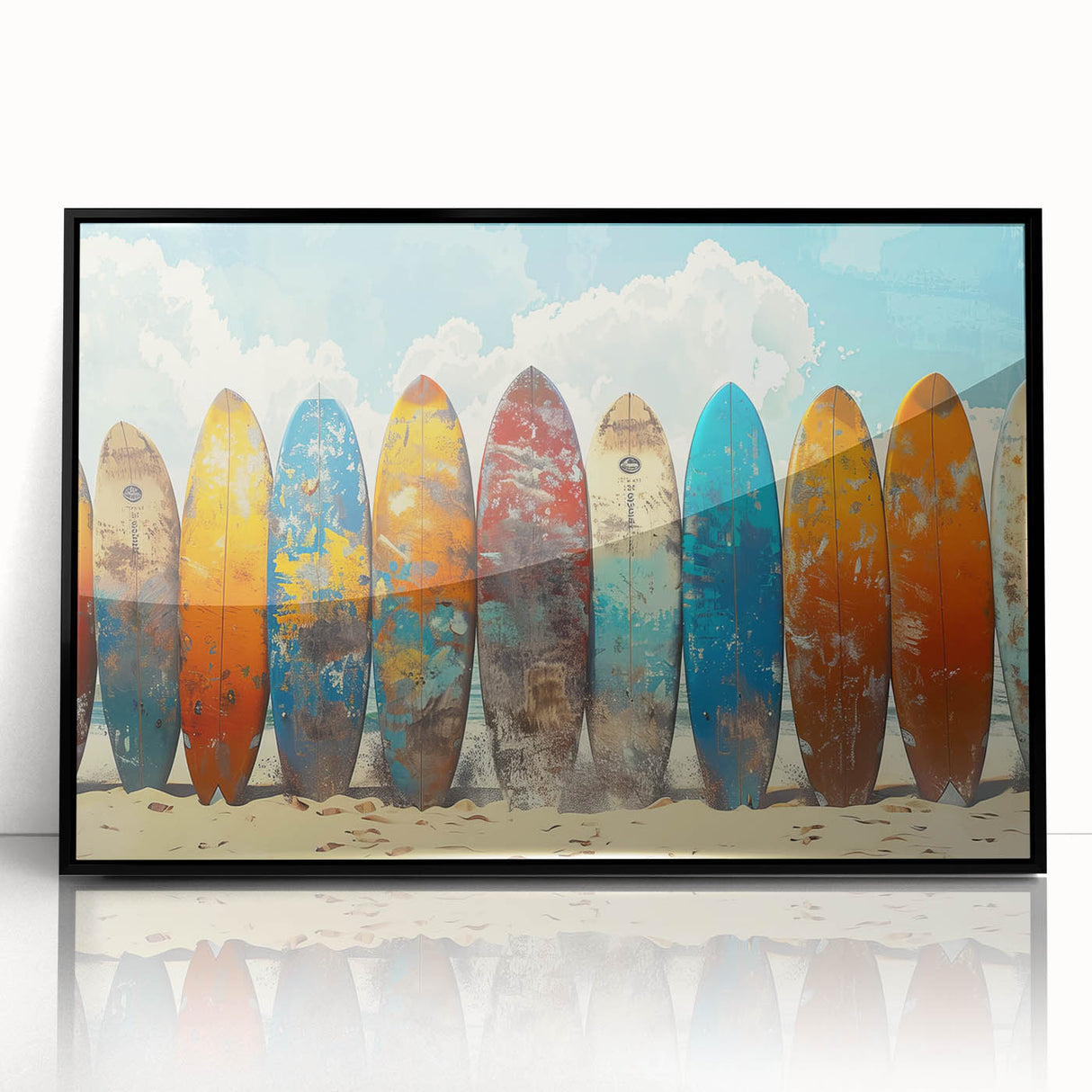 Large abstract wall art of Kauai landscape in muted green and blue tones on a framed acrylic.