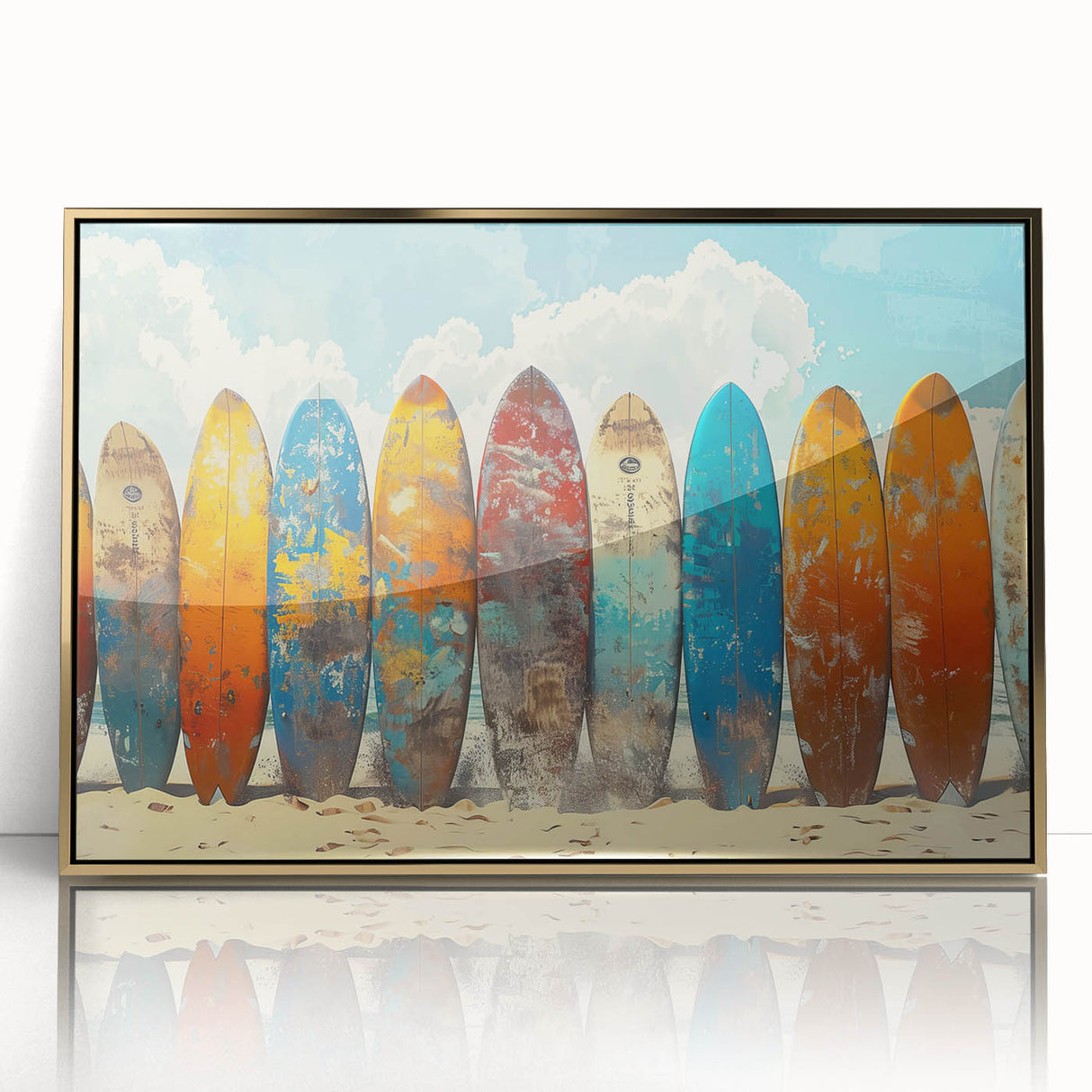 Mid-century modernist acrylic print of Kauai, Hawaii, with vibrant green and blue tones, ideal for modern art wall decor.