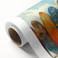 Art deco poster of Kauai, Hawaii scenery on rolled canvas, in pastel shades, ideal for nursery wall art.