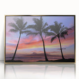 Large acrylic print of a Maui landscape in gold frame, showcasing mid-century modernist style.