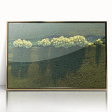 Mid-century modernist acrylic print of Iowa scenery in gold frame, ideal for nursery wall art.