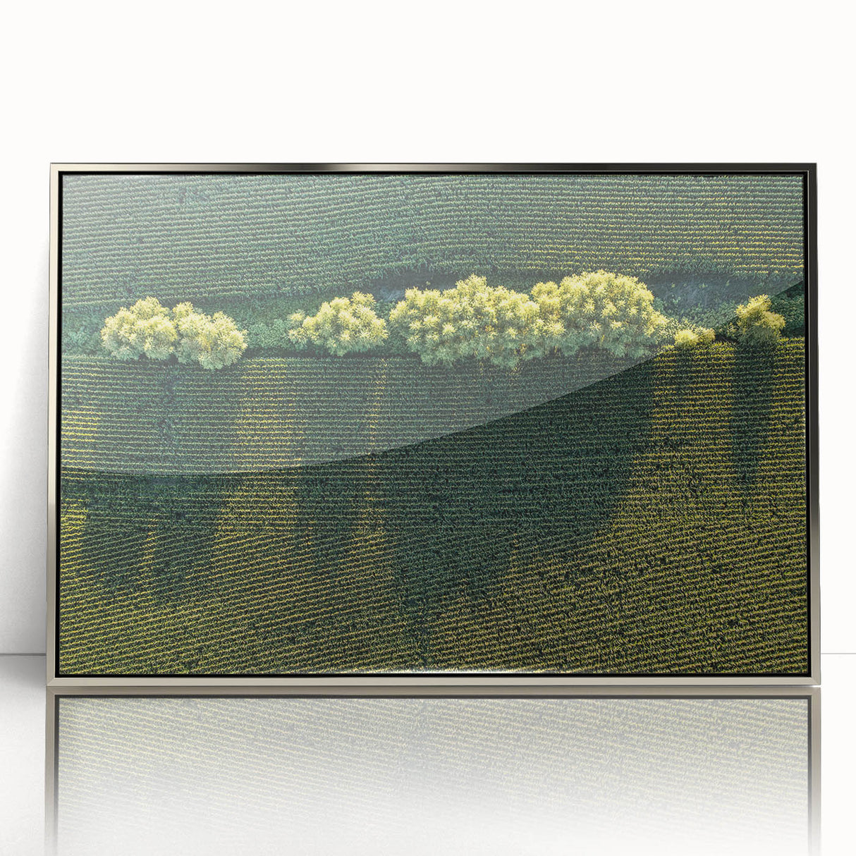 Mid-century modernist style Iowa scenery on a framed acrylic print, featuring silver hues, ideal for nursery wall art.