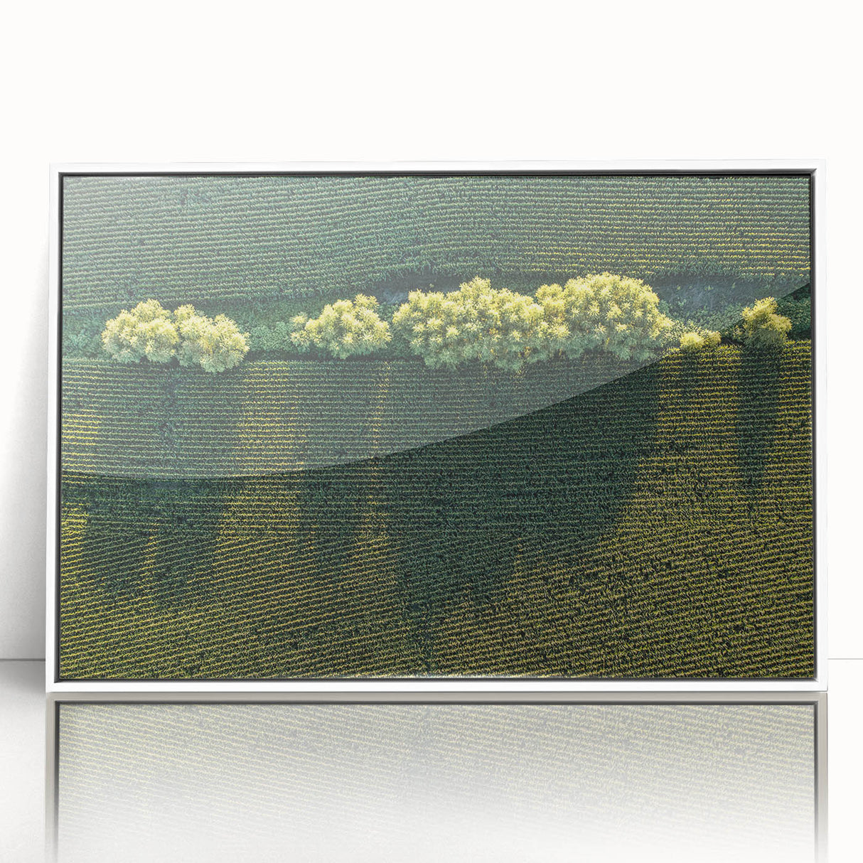 Acrylic print of a serene Iowa landscape in muted green and blue tones, ideal for modern nursery wall decor.