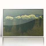 Acrylic print of a serene Iowa landscape in muted green and blue tones, ideal for modern nursery wall decor.