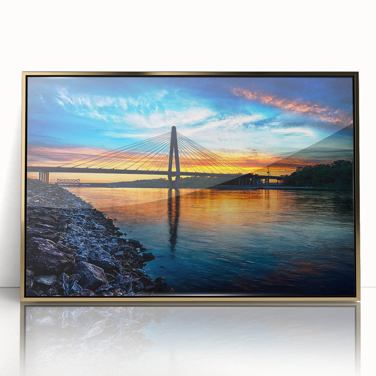 Mid-century modernist Kansas scenery on a large framed acrylic print with gold accents, suited for modern art wall decor.