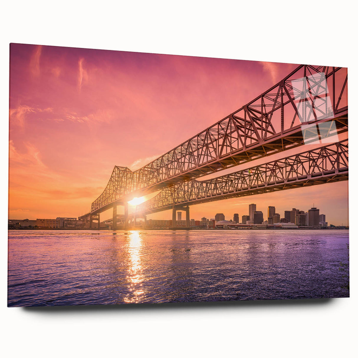 Acrylic print of a large abstract depiction of New Orleans in muted earth tones, ideal for bedroom or dining room art.